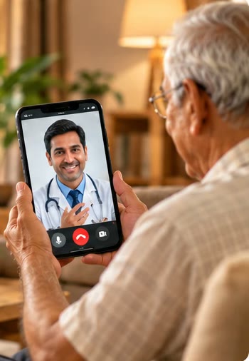 An elderly Indian man on a video call with a doctor at home.